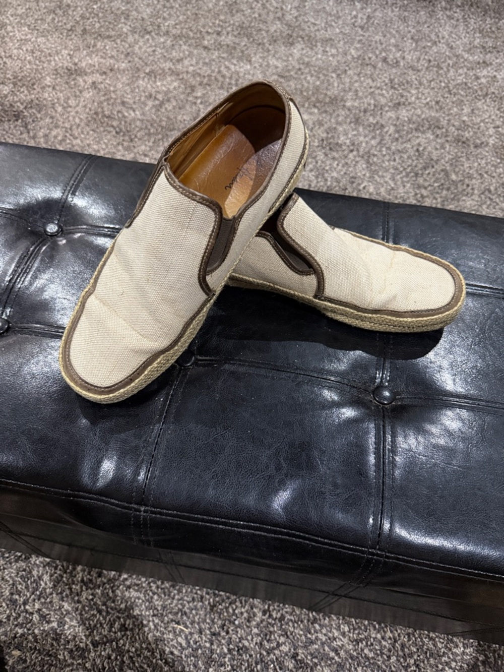 Cole Haan Cream Canvas Slip-On Loafers with Brown Trim